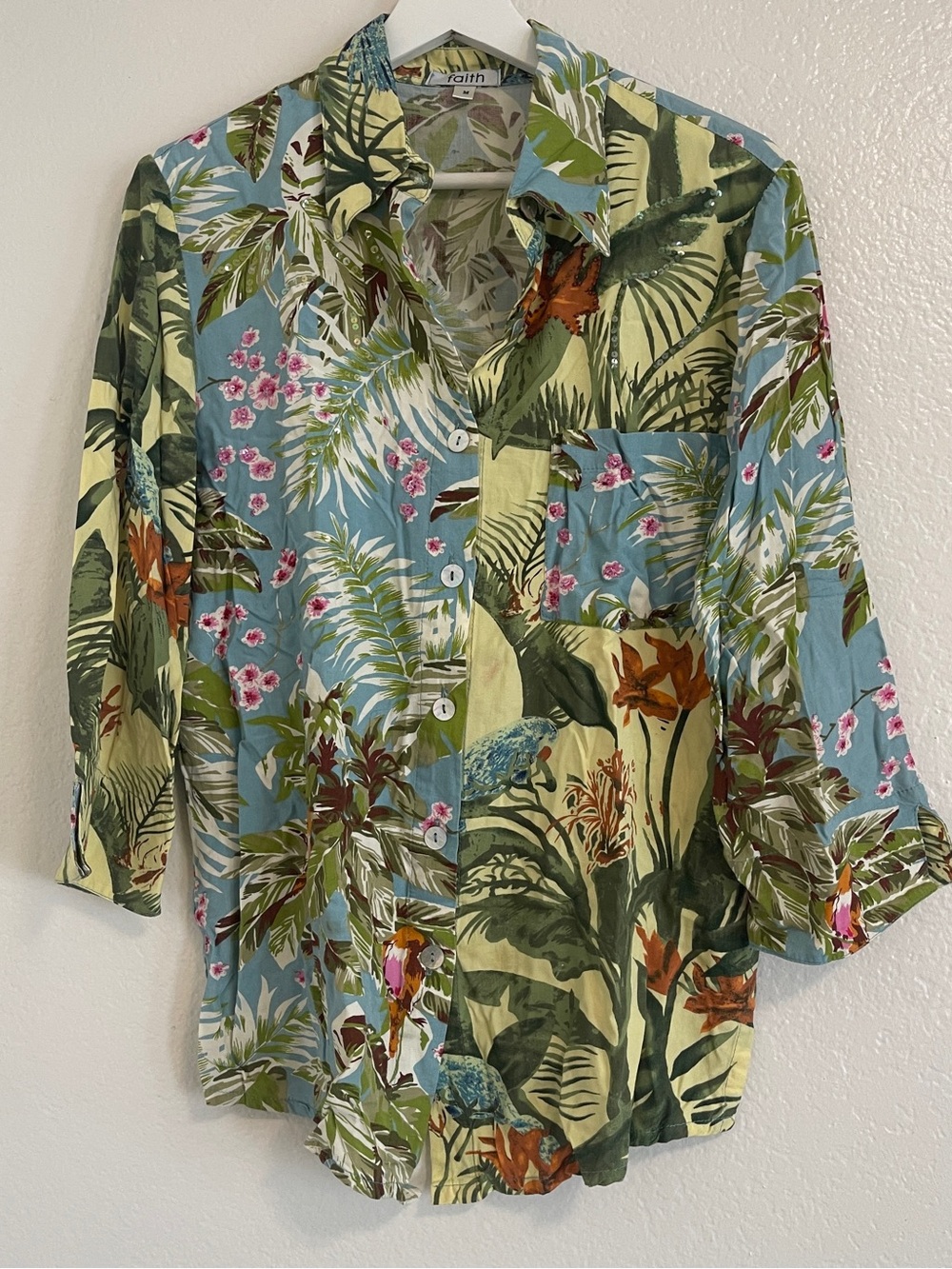 Faith Tropical Floral Button-Up Shirt in Blue & Green, Medium
